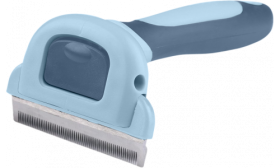 Grau-blauer Katzen-Fellentfernungs­kamm mit ergonomischem Griff und Edelstahlklinge für sichere, leichte Pflege.