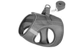 Graue reflektierende Katzengeschirr-Weste aus leichtem Nylon mit verstellbarem Riemen, Silber-D-Ring und Leine, Teil der katzenm