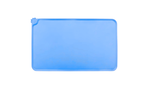 Blaue wasserdichte Silikon-Katzennapfunterlage mit erhöhtem Rand gegen Verschütten und Bodenschäden.