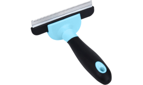 Ergonomischer Katzen-Fellentfernungs­kamm mit blau-schwarzem Griff und Edelstahlklinge, für alle Katzen.