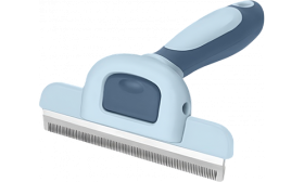 Katzen-Fellentfernungs­kamm in Grau-Blau mit ergonomischem Griff und Edelstahlklinge, geeignet für alle Katzen.